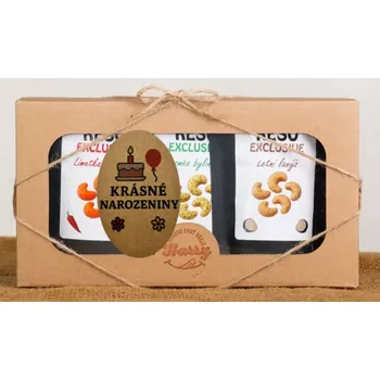 Dárkový potravinový koš Dárková sada Kešu EXCLUSIVE mix Letní lanýž + směs bylinek + Limetka Chilli Krásné narozeniny (Dárková sada Kešu EXCLUSIVE mix Letní lanýž + směs bylinek + Limetka Chilli Krásné narozeniny)