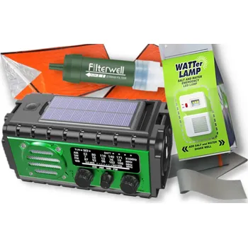 Vybavení pro přežití Green Power Blackout sada 5v1 – nouzové rádio s powerbankou 20 000 mAh, vodní filtr, 2x bivakovací pytel, duct tape, vodní lampa