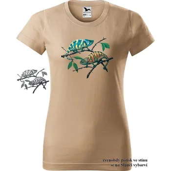 Dámské tričko damske-tricko-potisk-Ibisek-menici-barvu Velikost dámská trička Basic: XS šířka 39, délka 57, Odstín dámské tričko Basic: Pískové