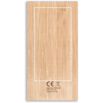 Powerbanka FITCH. Powerbanka 5 000 mAh s 5W bezdrátovou nabíječkou ze bambusovou 1 Zadní část, 100 x 50 Gravírování laserem, 1 barva