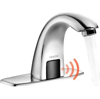 Vodovodní baterie VEVOR Bezdotyková koupelnová umyvadlová baterie, automatický senzor pohybu, toaletní baterie s krytem otvoru, na baterie, nastavitelná teplota pro trubku 9,5 mm, komerční toaleta, chromovaná stříbrná