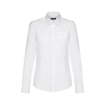 Dámská košile THC TOKYO WOMEN WH. Dámská oxfordská košile s dlouhým rukávem. Bílá barva Transfer (max. 4 barvy, 80 x 40mm) 2 barvy 1 Hrudník