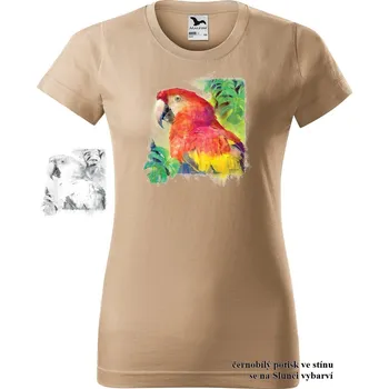 Dámské tričko damske-tricko-potisk-hlava-papouska-menici-barvu Velikost dámská trička Basic: XL šířka 56, délka 67, Odstín dámské tričko Basic: Pískové