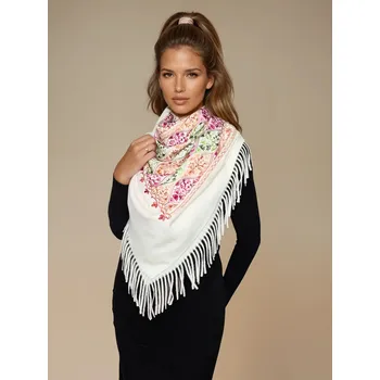 Šála Classic Scarf Vyšívaná kašmírová mléčně bílá šála s barevnou bordurou výšivkou