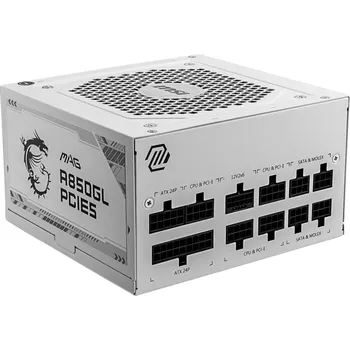 Počítačový zdroj MSI zdroj MAG A850GL PCIE5 WHITE/ 850W/ ATX3.1/ akt. PFC/ 7 let celk. záruka/ 120mm fan/ modulární kabeláž/ 80PLUS Gold