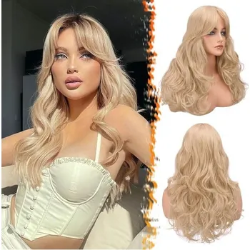 Paruka BARSDAR Dlouhá blond paruka s ofinou, 66 cm dlouhá vlnitá vrstvená blond paruka pro ženy, paruka