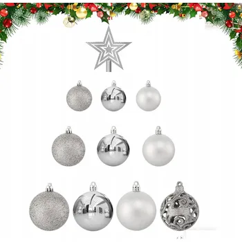 Vánoční dekorace SADA VÁNOČNÍCH BANĚK XXL 101 Ks STŘÍBRNÁ VÁNOČNÍ KOULE PŘÍVĚSKY OZDOBA