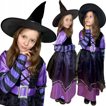 Karnevalový kostým KOSTÝM ČARODĚJNICE DLOUHÉ ŠATY KLOBOUK KARNEVAL 116 122
