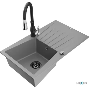 Granitový dřez MEXEN/S - Cesar granitový dřez 1 s odkapávačem včetně baterie Savita, šedá 6514-71-672601-70-B
