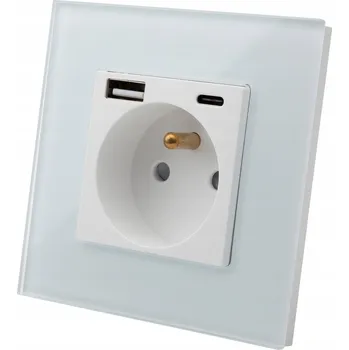 Elektrická zásuvka Zásuvka Nabíječka Port USB 2.4A + 2.4C Bílá Skleněná s Rámem LUUNA