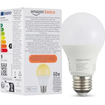 Stojací lampa Inteligentní LED žárovka Amazon Basics A60, stmívatelná, E27, měkká bílá, 2,4 GHz Wi-Fi, 8,5 W,