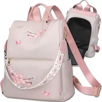 Městský batoh Béžový dámský batoh RO105Be (Moderní dámský batoh v béžovém provedení s květinovým vzorem, rozměry 32 x 30 x 12 cm)