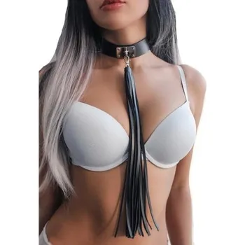 Náhrdelník ČERNÝ KOŽENÝ CHOKER obojek PUNK rock NETOPÝR ocásek VODÍTKO