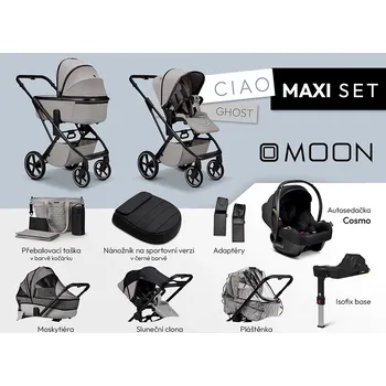 Kočárek Moon SET MAXI CIAO GHOST včetně adaptérů, pláštenky, nánožníku black, přebalovací tašky, moskytiéry, sluneční clony, autosedačky COSMO black a isofix Avionaut
