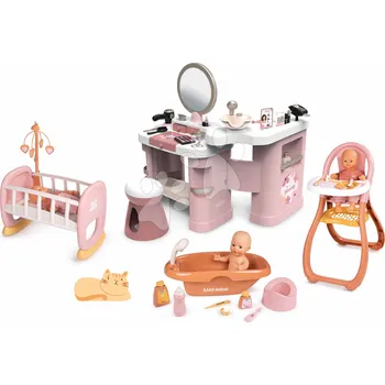 Doplněk pro panenku Set kosmetický stolek s jídelní židlí pro panenku My Beauty Center 3v1 Smoby s vaničkou kolébkou a elektronický fén