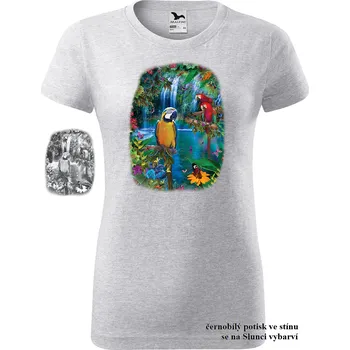 Dámské tričko damske-tricko-papousci-u-vody-menici-barvu Velikost dámská trička Basic: L šířka 51, délka 65, Odstín dámské tričko Basic: Světle šedý melír