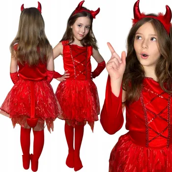 Karnevalový kostým KOSTÝM ČERTICE NA KARNEVALOVÝ BÁL PRO DÍVKU ŠATY 122 128 ROHY