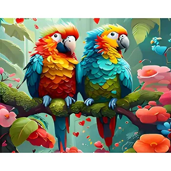 Obraz MALOVÁNÍ PODLE ČÍSEL PAPOUŠCI V TROPICKÉ DŽUNGLI S KVĚTINAMI 50x40 S RÁMEM
