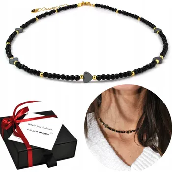 Náhrdelník Náhrdelník z přírodních kamenů turmalín hematit stříbro pozlacené srdce