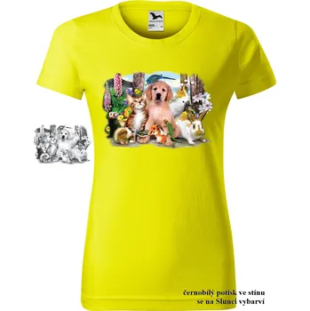 Dámské tričko damske-tricko-potisk-pejsek-zviratka-menici-barvu Velikost dámská trička Basic: S šířka 44, délka 60, Odstín dámské tričko Basic: Citronové