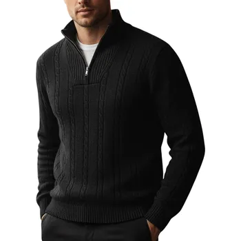 Pánský svetr Pánský pletený svetr s polovičním rolákem a zipem do půlky černý WX2328 - XXL