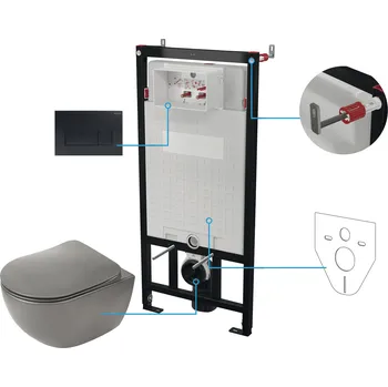 Aplomo Peonia 6v1 Antracit WC závěsný komplet, černé tlačítko, CDENDZPW
