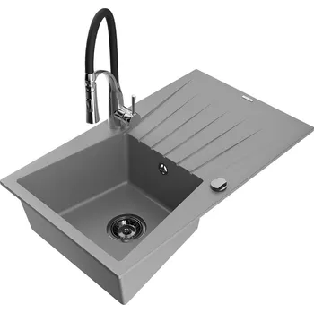 Granitový dřez MEXEN/S - Cesar granitový dřez s odkapávačem včetně baterie Aster, šedá 6514-71-73450-07-B