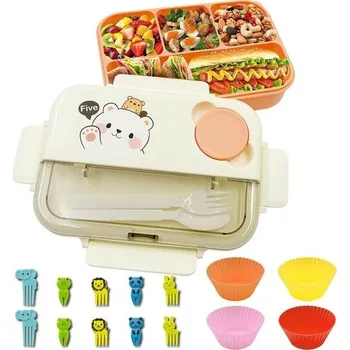 Jídlonosič Svačinový box s příbory a dózami na omáčku, Bento svačinový box se 4 přihrádkami, vhodný do