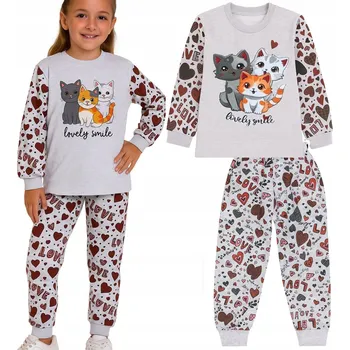 Dámské oblečení 110 cm Dětské pyžamo 2dílné bavlněné pyžamo KOČKY SRDCE šedé B165