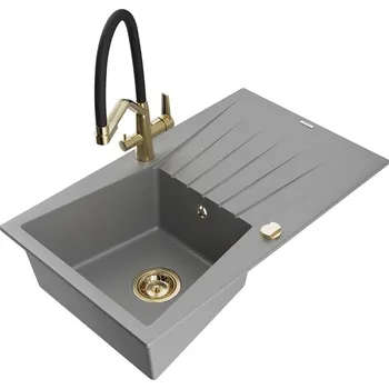 Granitový dřez MEXEN/S - Cesar granitový dřez s odkapávačem včetně baterie Duo, šedá 6514-71-671701-57-G