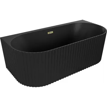 Vana Mexen Sella, volně stojící vana ke zdi, drážkovaná, 150 x 75 cm, černá matná, zlatý lesklý přepad, 52711507571-50
