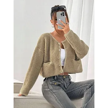 Dámský svetr SHEIN BÉŽOVÝ KRÁTKÝ SVETR ZAPÍNACÍ S KAPSY (M)