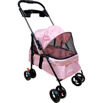 Kočárek pro psa Lehký skládací kočárek pro psy a kočky s pláštěnkou a aretací koleček - růžový