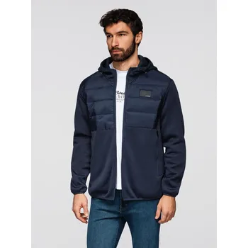 Pánská lehká kombinovaná bunda s kapucí a ozdobným prošíváním - tmavě modrá V4 OM-JANP-0160 - S