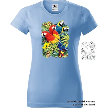 Dámské tričko damske-tricko-potisk-papousci-menici-barvu Velikost dámská trička Basic: S šířka 44, délka 60, Odstín dámské tričko Basic: Nebesky modré