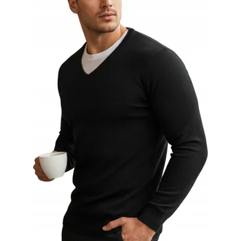 Pánský svetr Pánský svetr hladký s výstřihem do V černý WX1883 - L