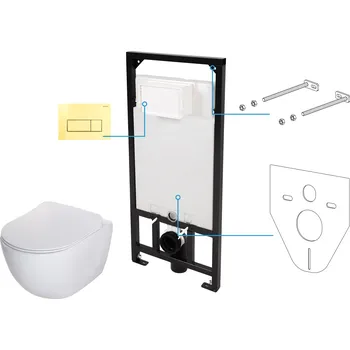 Aplomo Peonia 6v1 White WC závěsný komplet, zlaté tlačítko, CDEZ6ZPW