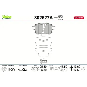 Brzdová destička Sada brzdových destiček, kotoučová brzda VALEO 302627A