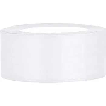 PartyDeco Stuha saténová bílá 25 mm x 25 m - bílé saténové široké dekorační stuhy 2,5 cm x 25 m na svatební výzdobu