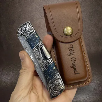 Damašková ocel, exkluzivní prémiový vyklápěcí nůž s vlastním textem, včetně koženého pouzdra + prémiové dárkové balení BE Original