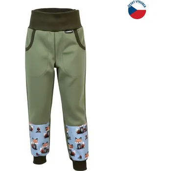 Chlapecké kalhoty ZÁHOŘÍ Rudel ZÁHOŘÍ Dětské softshellové kalhoty - zelené s liškami Velikost: 128