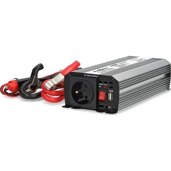 Měnič napětí Nedis PIM60012EGY Měnič napětí, 12V, 230V, 600W, 1× zásuvka typ E, USB, modifikovaný sinus, hliníkové tělo, stříbrno-černý PIM60012EGY