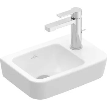 Umyvadlo Villeroy & Boch O.novo - Umývátko Compact 36x25 cm, bez přepadu, 1 otvor pro baterii vpravo, CeramicPlus, alpská bílá 434337R1