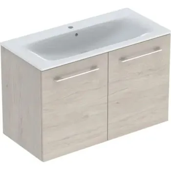 Koupelnový nábytek Geberit Selnova Square - Umyvadlová skříňka 64x99x48 cm, s umyvadlem, 2 dvířka, světlý ořech hickory 501.263.00.1