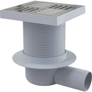 Odvodňovací žlab Alcadrain Odtokové kanálky - Podlahová vpust boční 15x15 cm, průměr 5 cm, vodní zápachová uzávěra, nerez/plast APV5411
