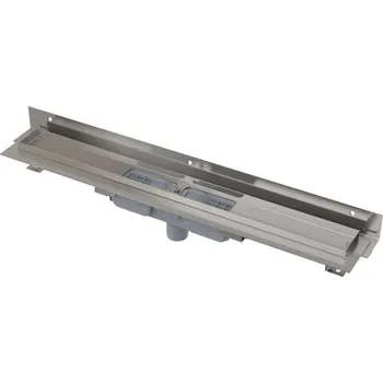 Odvodňovací žlab Alcadrain Odtokové žlaby - Sprchový žlab Flexible Low 115 cm, s nastavitelným límcem ke stěně, svislý odtok, nerez APZ1104-1150