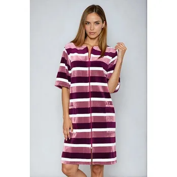 Dámský župan Velurový župan na zip pruhy vínový M