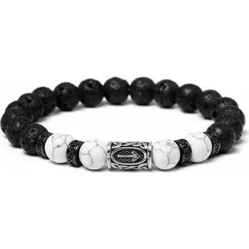 Náramek Daniel Dawson Pánský korálkový náramek Balder - bílý howlit, lávový kámen, runa NR2291/18 Bílá/čirá 18 cm