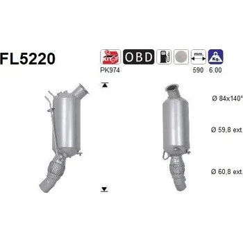 Filtr pevných částic Filtr sazových částic, výfukový systém AS FL5220