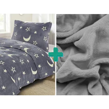 Povlečení Svítící povlečení mikroplyš BIG MOON šedé + prostěradlo mikroplyš SOFT 90x200 cm světle šedé